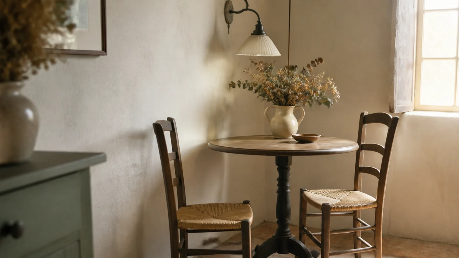 pendant hung over a bistro table tucked into a room corner