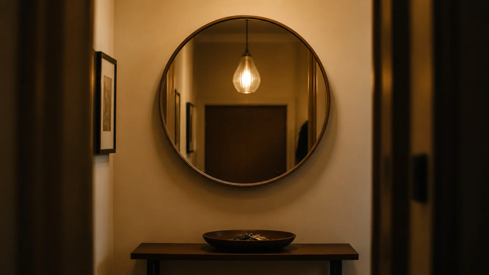 pendant reflected in a wall mirror in a dim small room