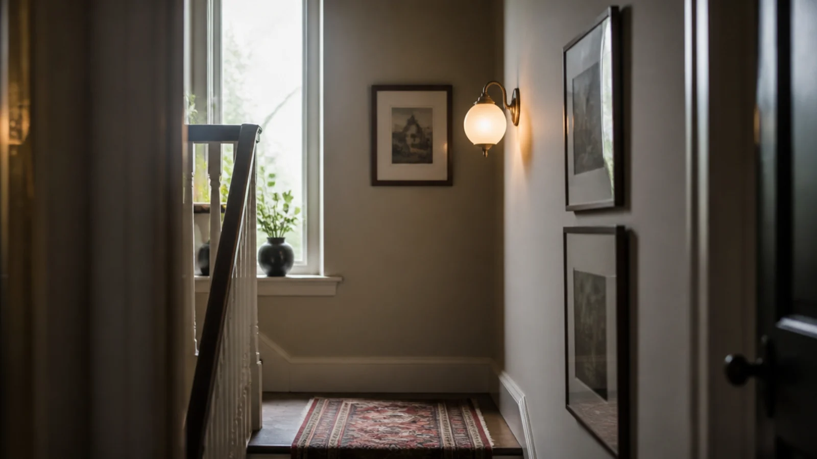 compact shade hung tight to the wall of a small landing