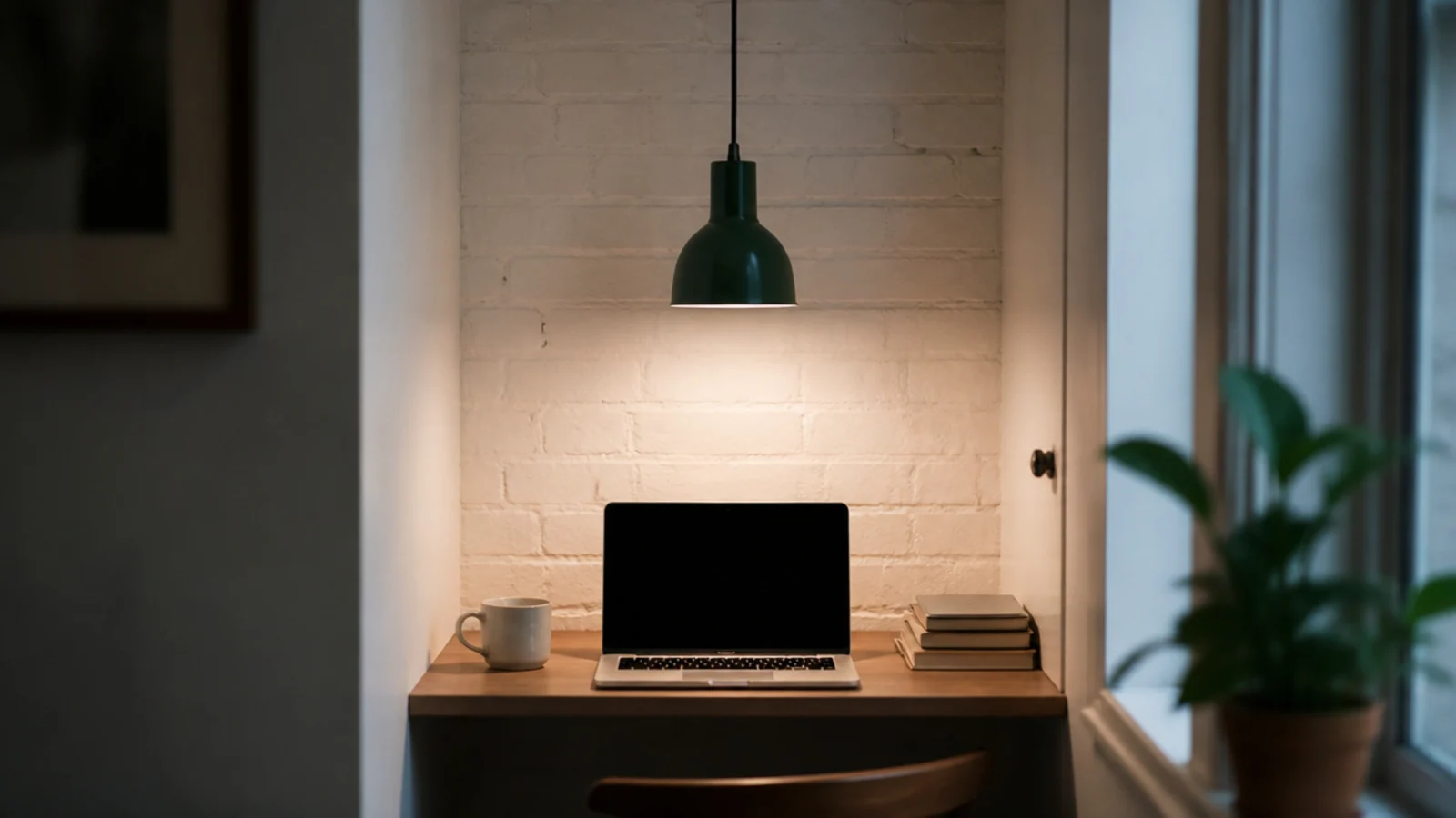 small pendant lighting a narrow desk squeezed into an alcove