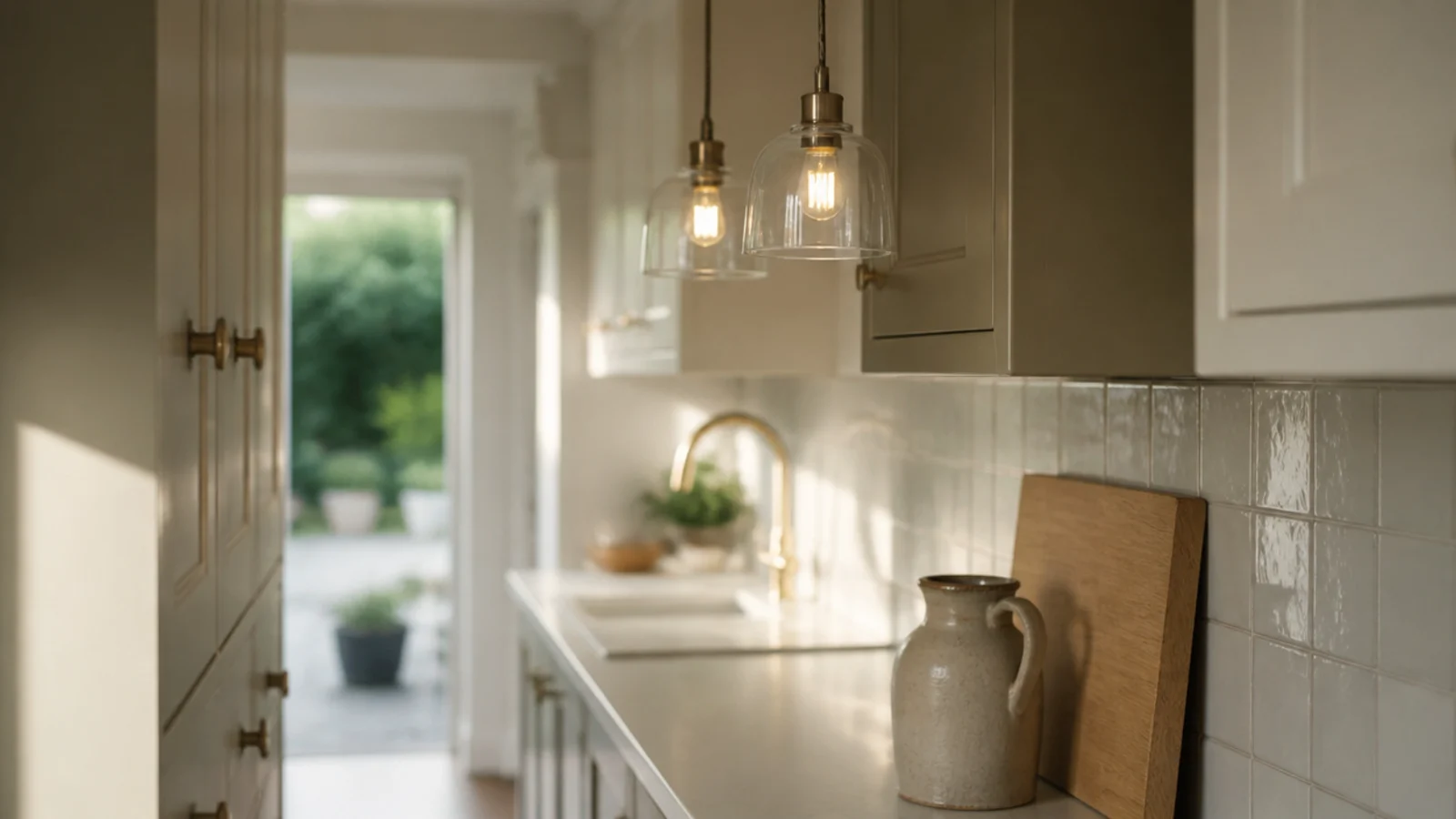 small clear hanging pendant lights above a compact galley kitchen counter