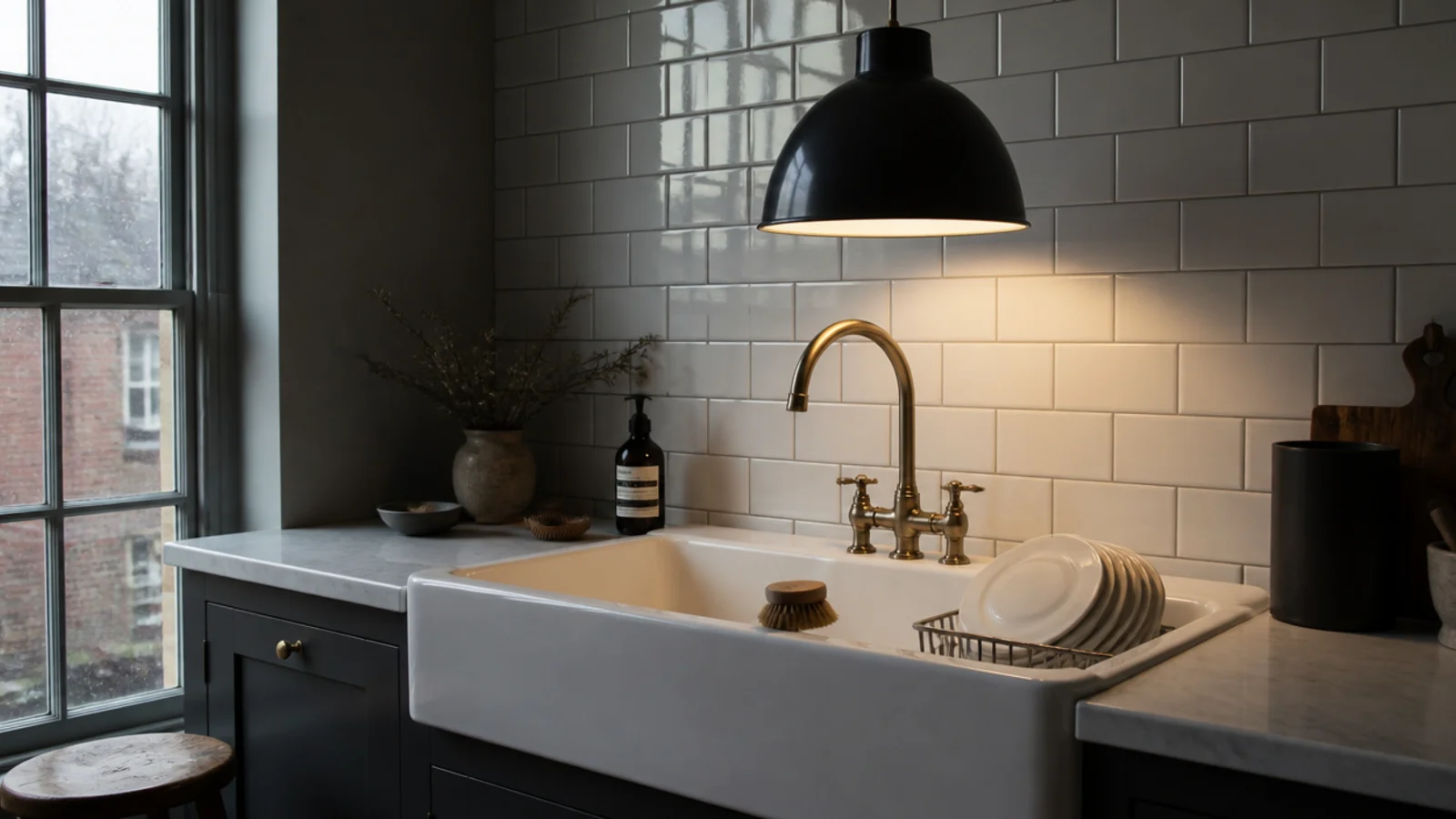 one deep dome pendant lighting a large fireclay kitchen sink