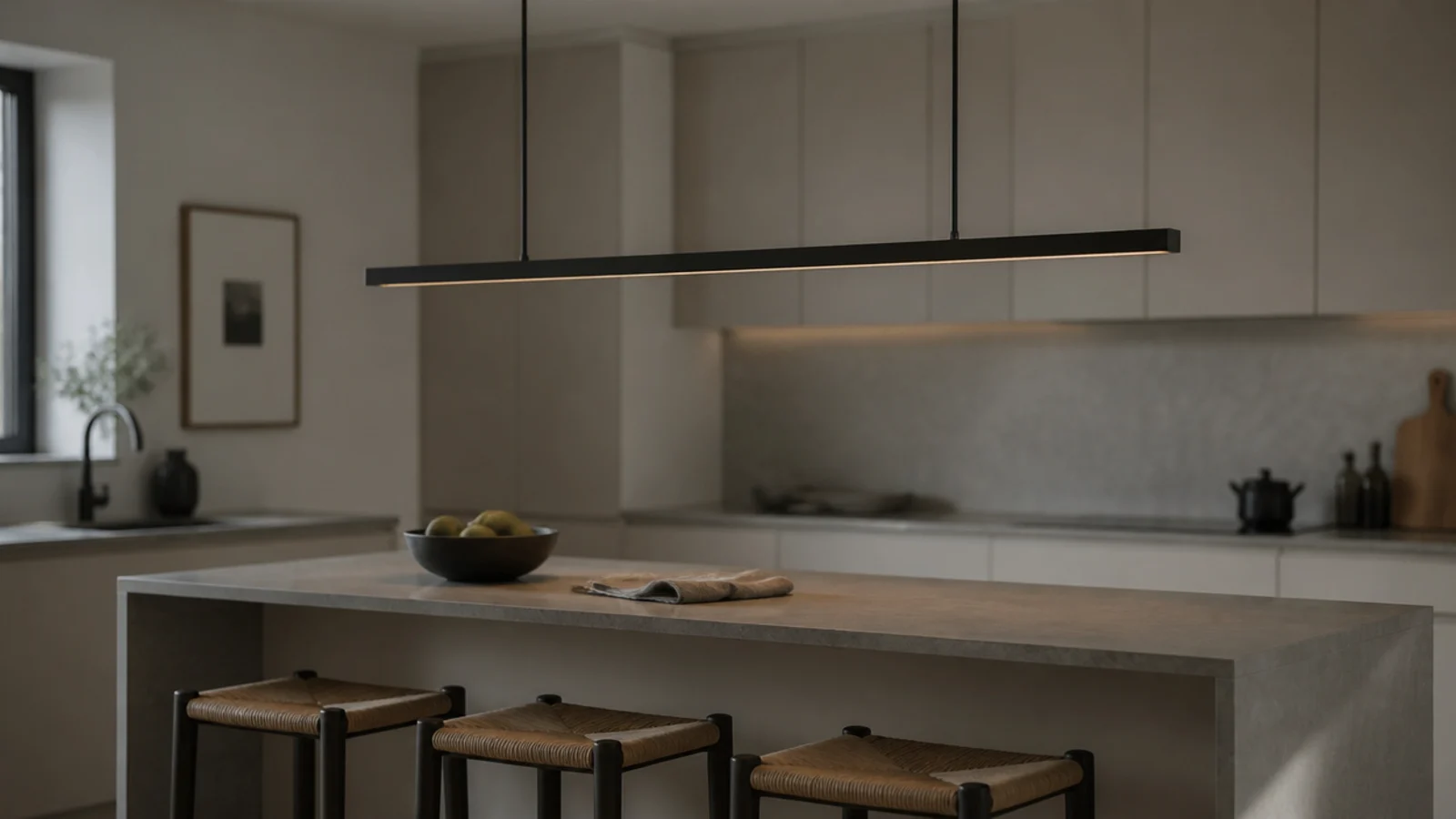 slim linear fixture running the length of a kitchen peninsula