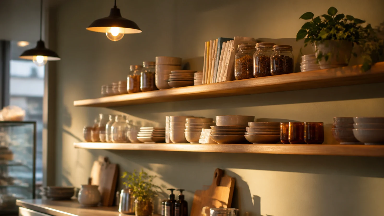 pendant lighting a run of open shelves holding ceramics