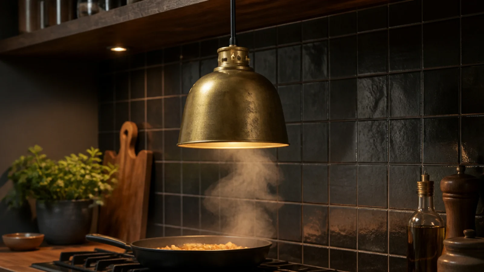 unlacquered brass shade darkening unevenly above a kitchen hob