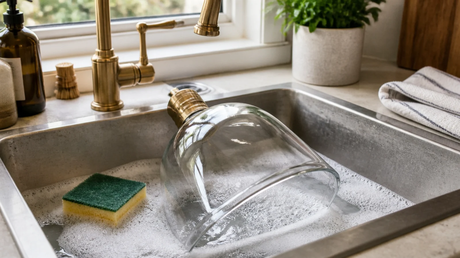smooth glass shade lifted down for cleaning at a kitchen sink