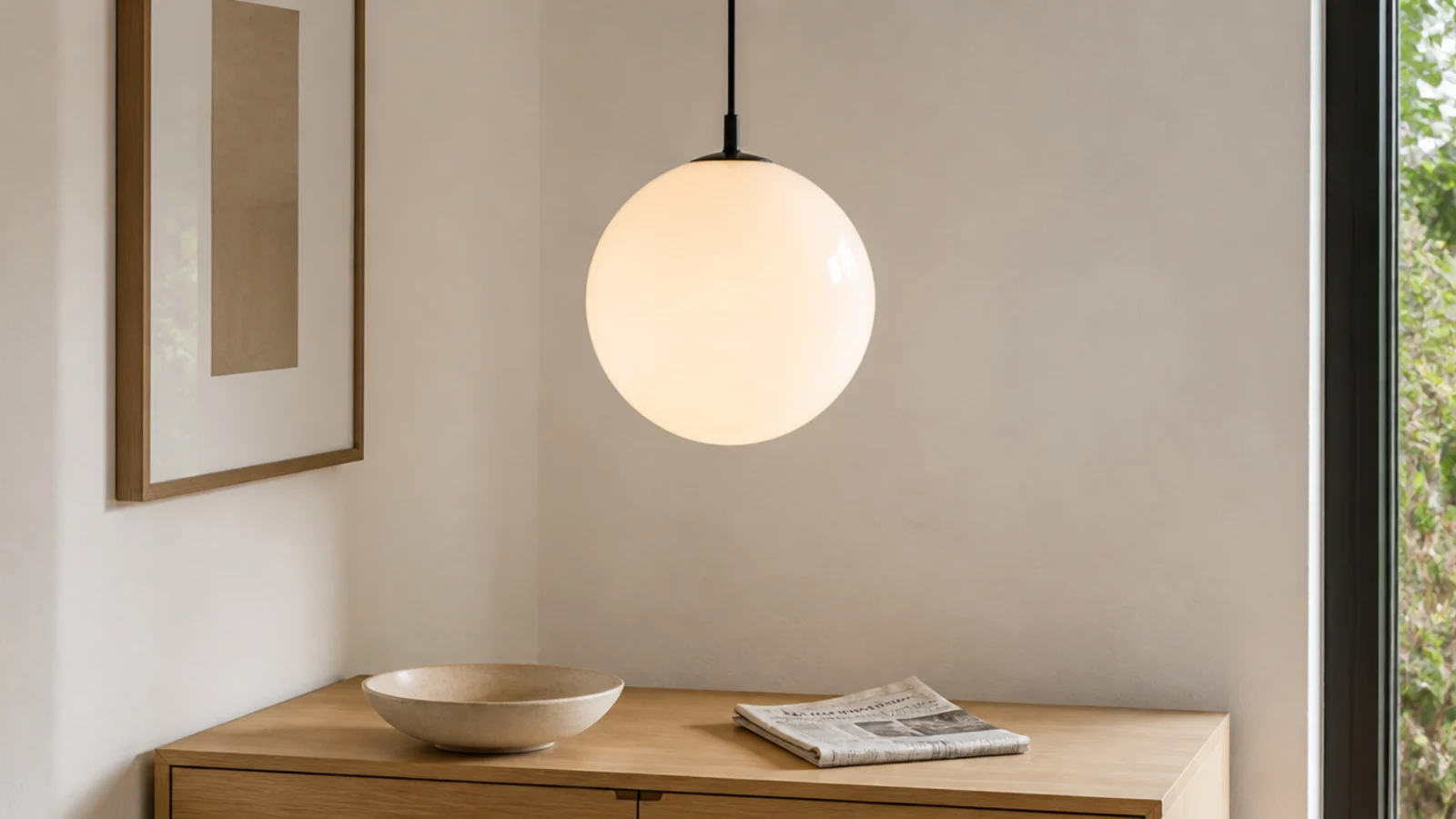 plain opal glass globe pendant glowing evenly in a bright room