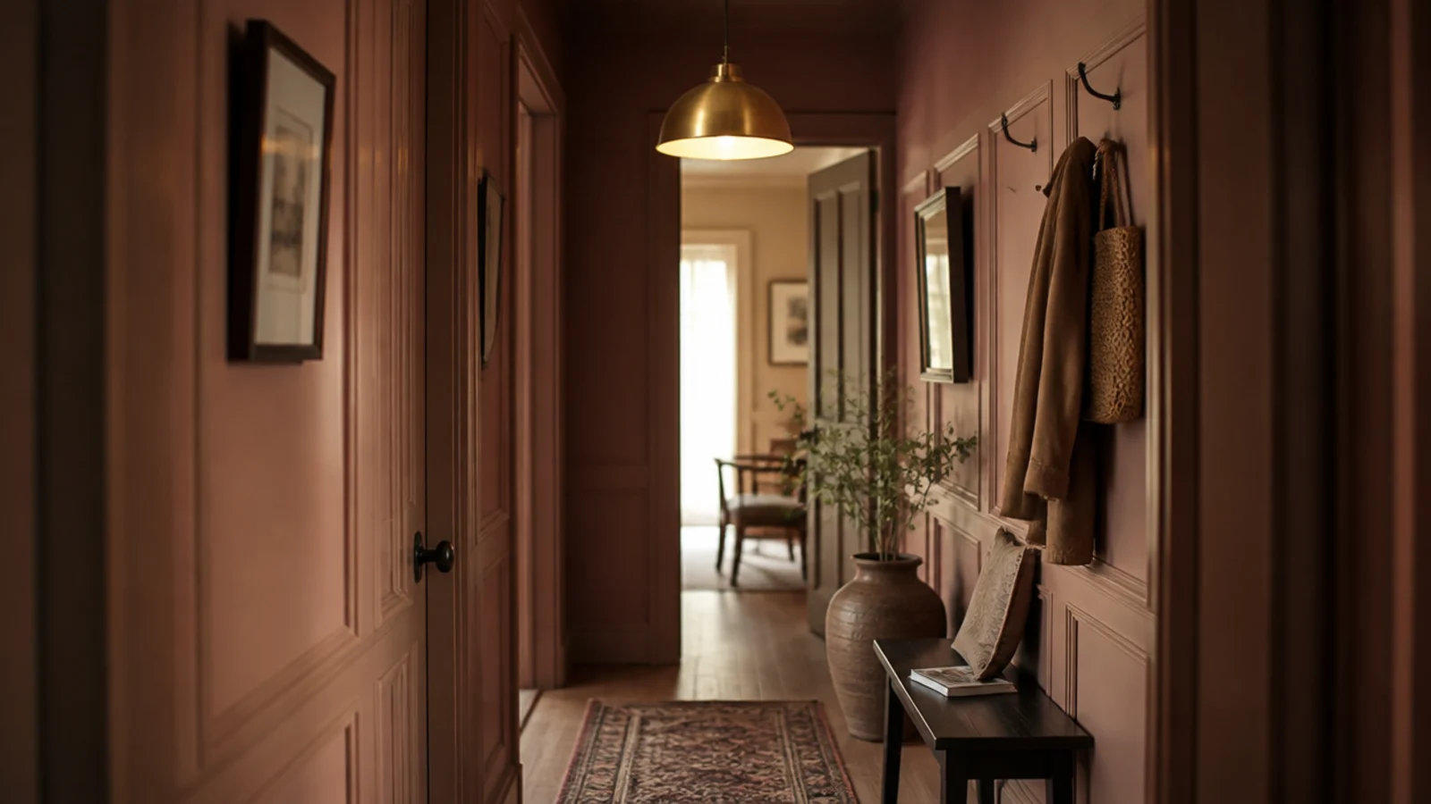 brushed brass dome pendant lighting a narrow panelled hallway
