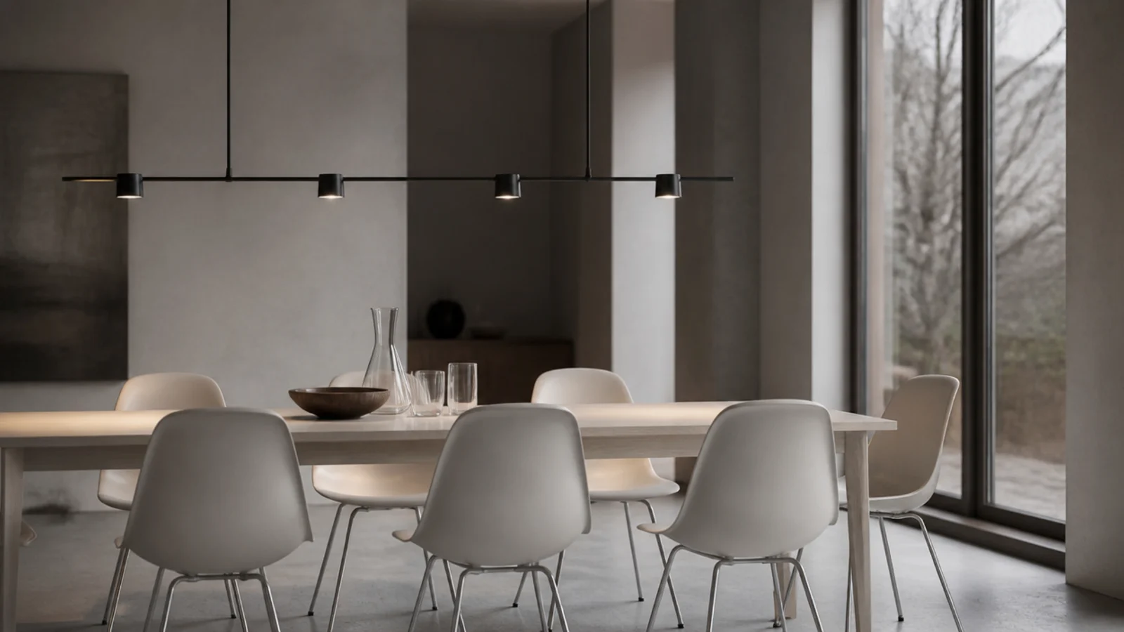 slim linear bar fixture running above a long modern dining table