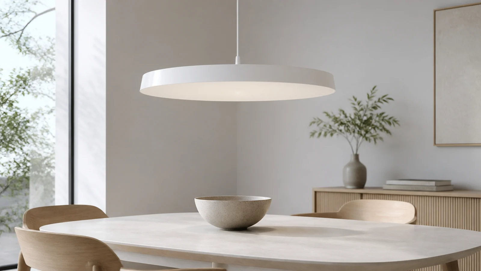 wide shallow powder coated dish pendant above a modern table