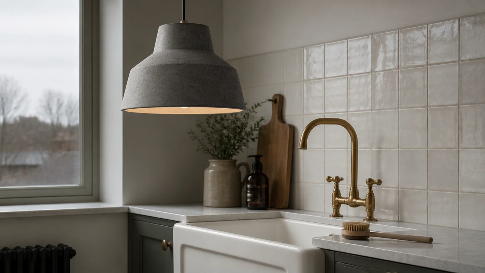 grey concrete pendant shade hanging low above a deep kitchen sink