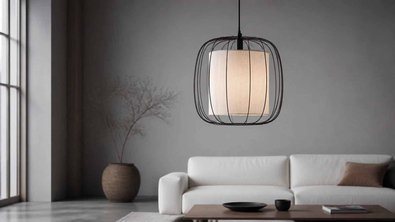 open wire frame pendant with a soft fabric diffuser inside it