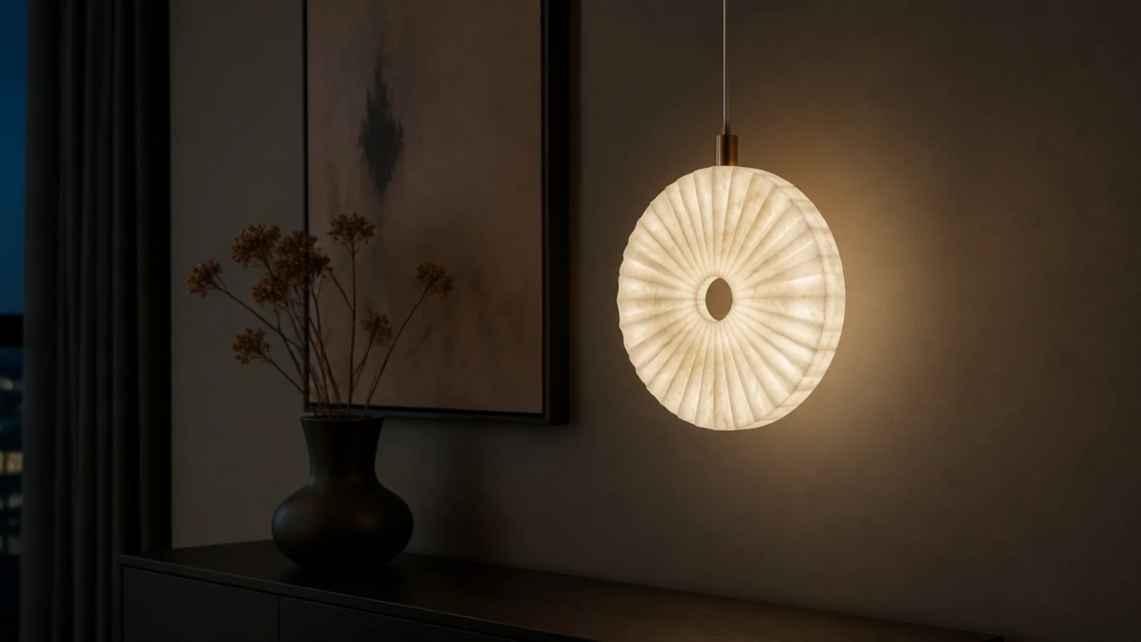 fluted alabaster disc pendant glowing with visible stone veining