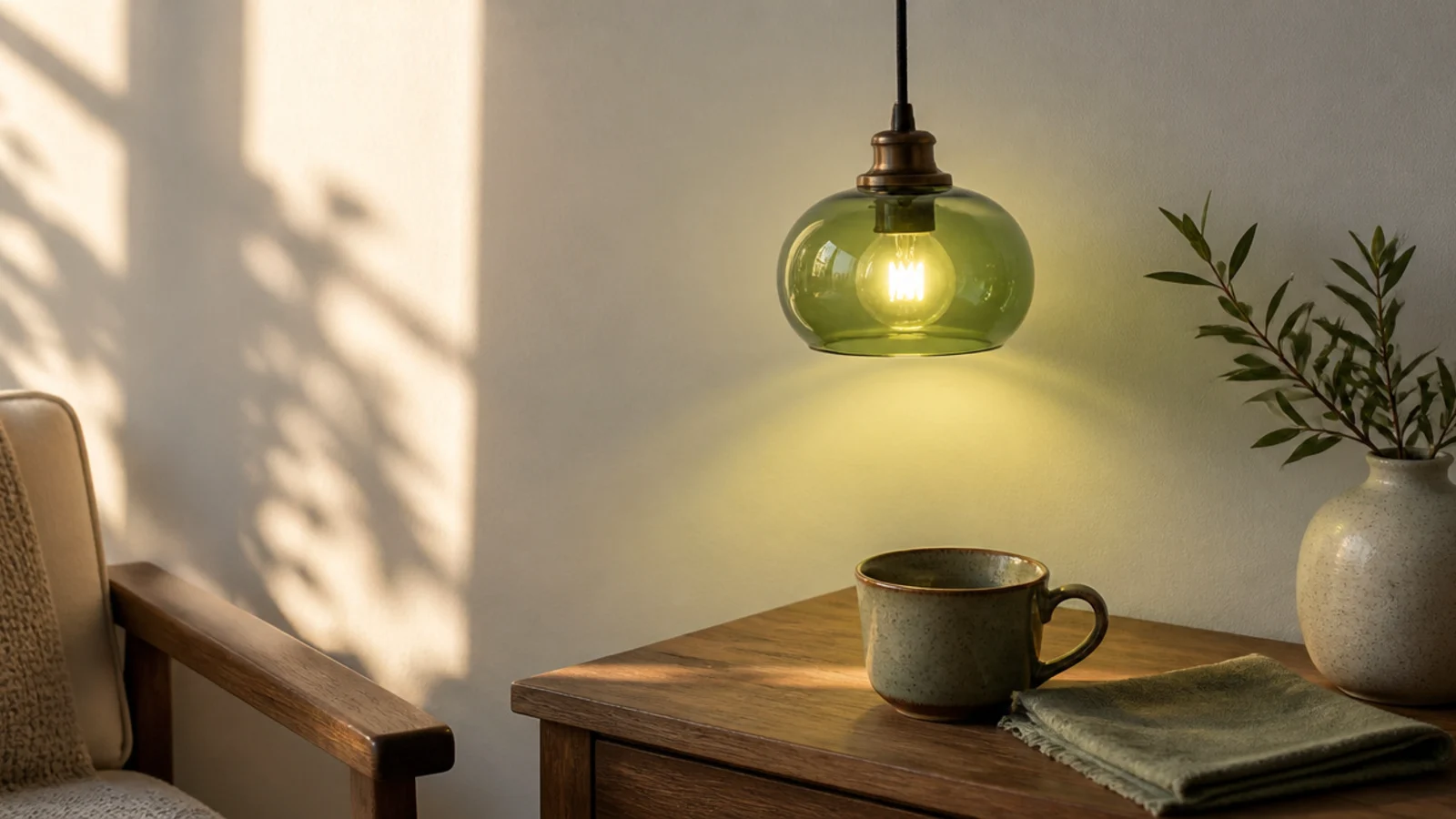 olive tinted glass pendant colouring the light beneath it