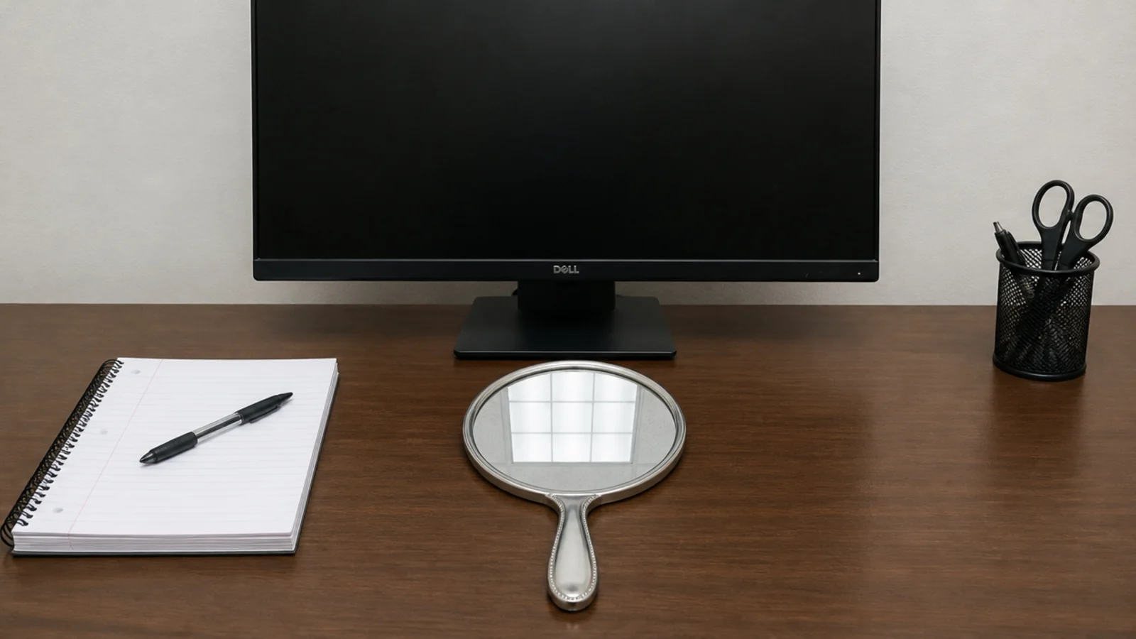 small mirror on a desk revealing a reflected ceiling fixture