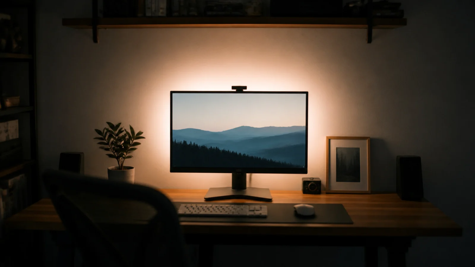 soft wash of light across the wall behind a computer monitor