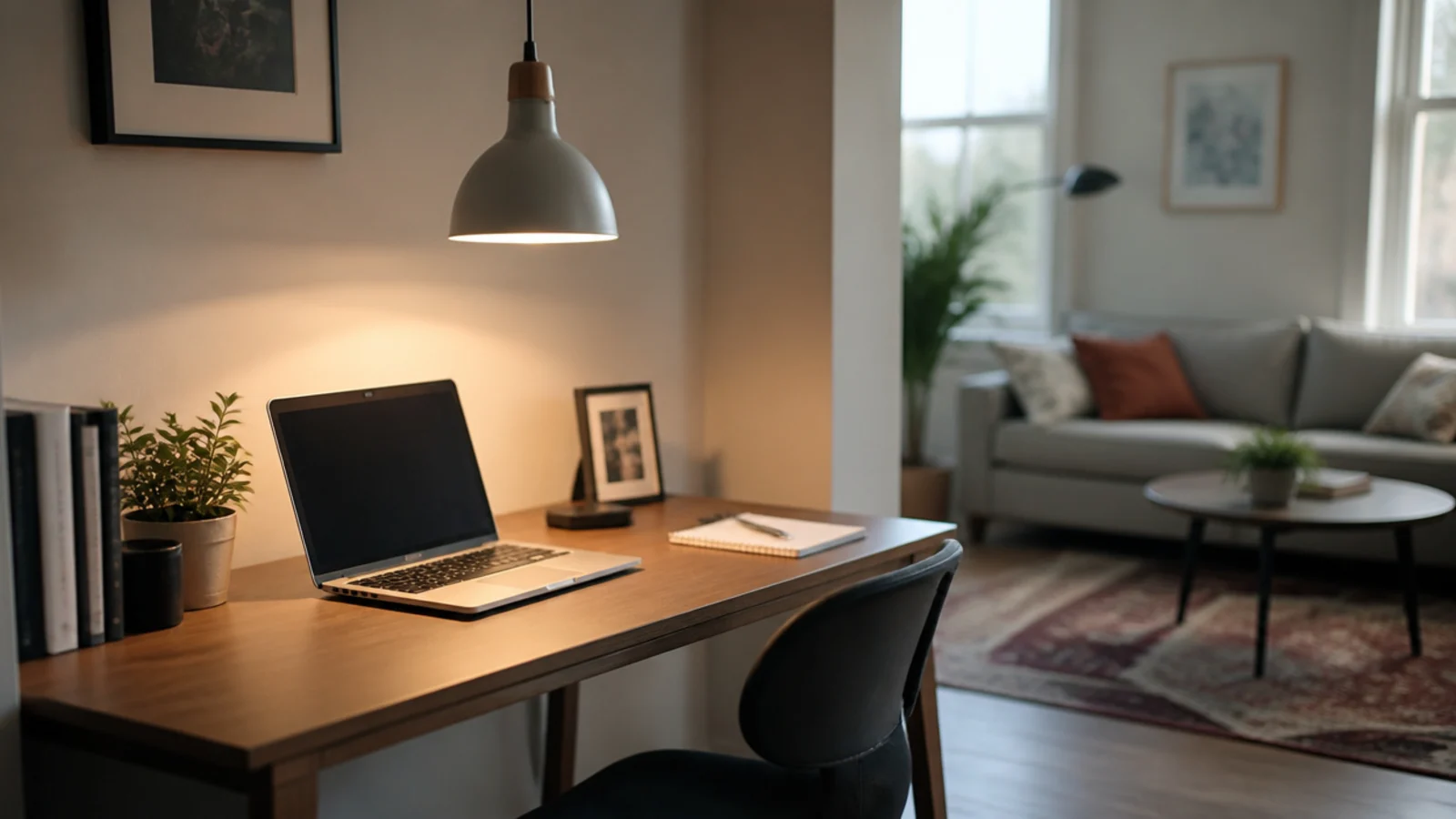 same fixture shown warm and cool above a dual use desk