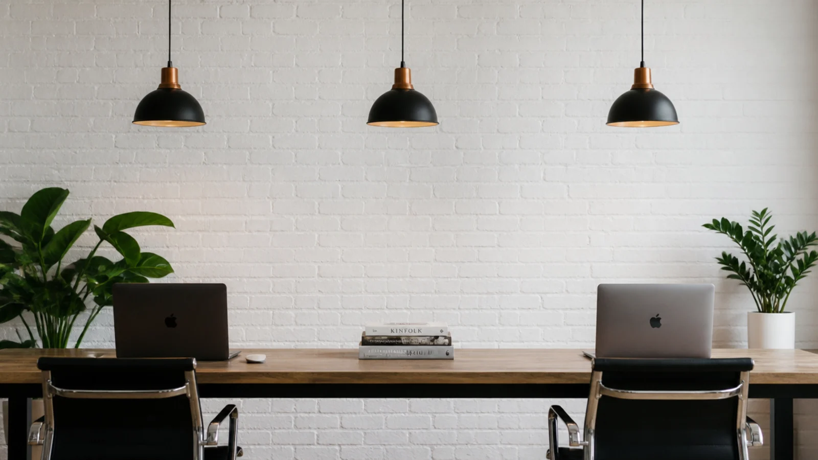 three pendants spaced along a shared two person office desk
