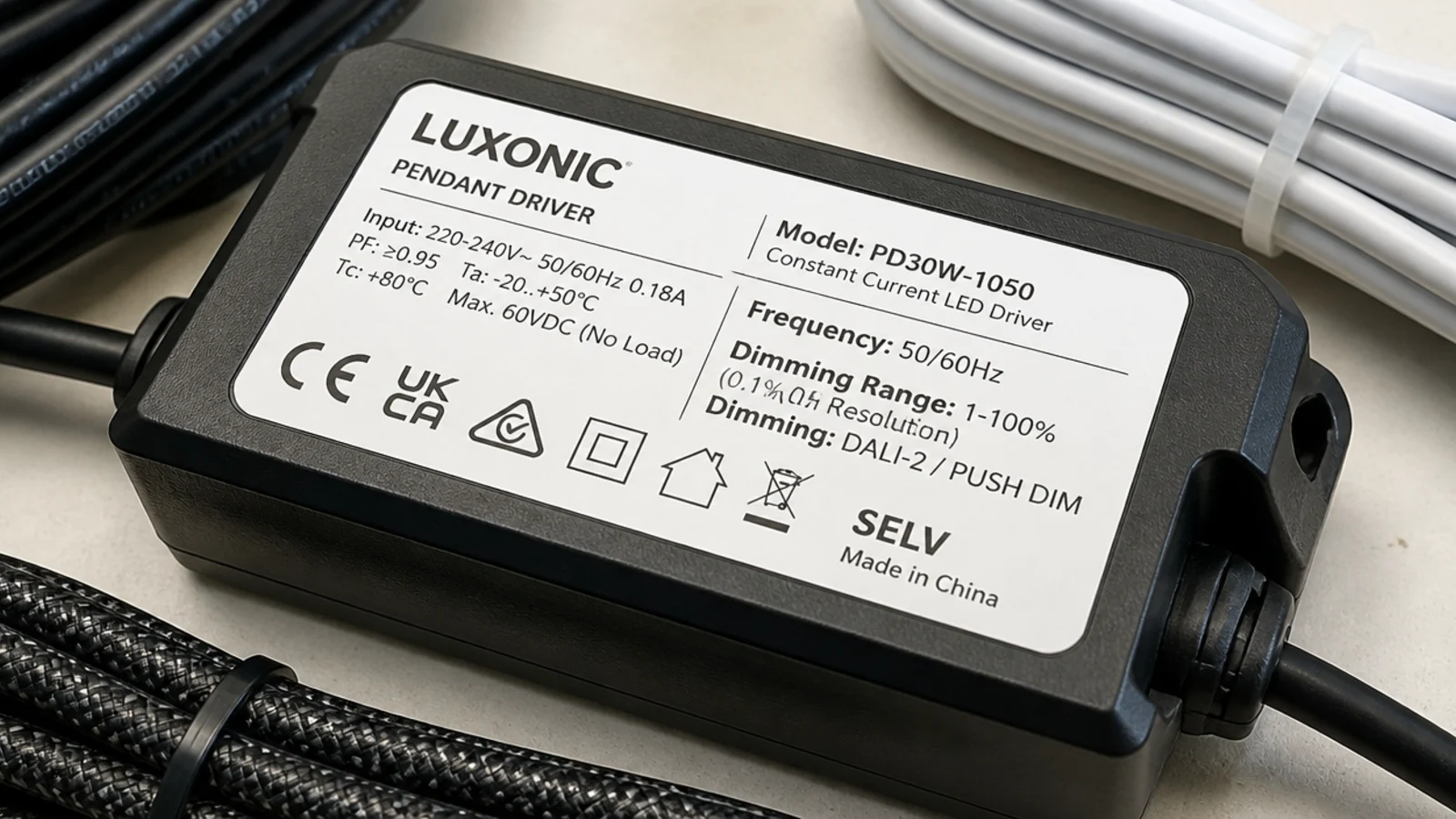 driver label on an office fixture naming its flicker rating