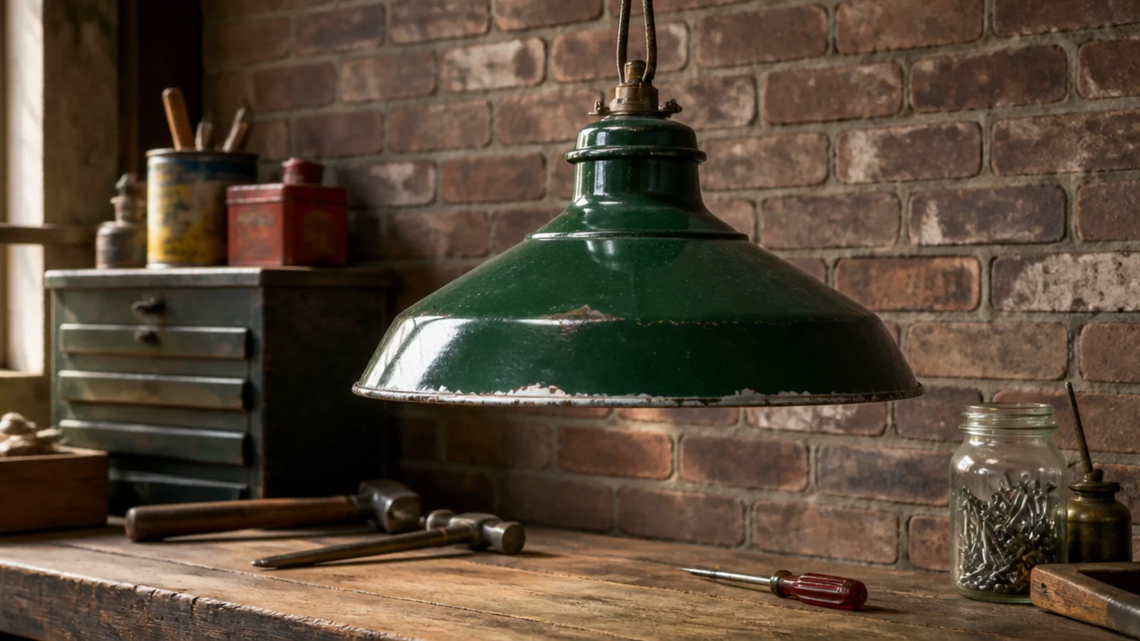 chipped green enamel factory shade hanging above a timber bench