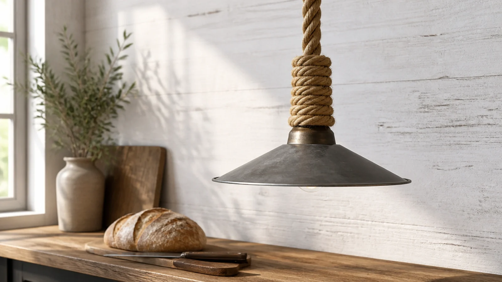 thick natural rope wrapping a pendant cord above a counter