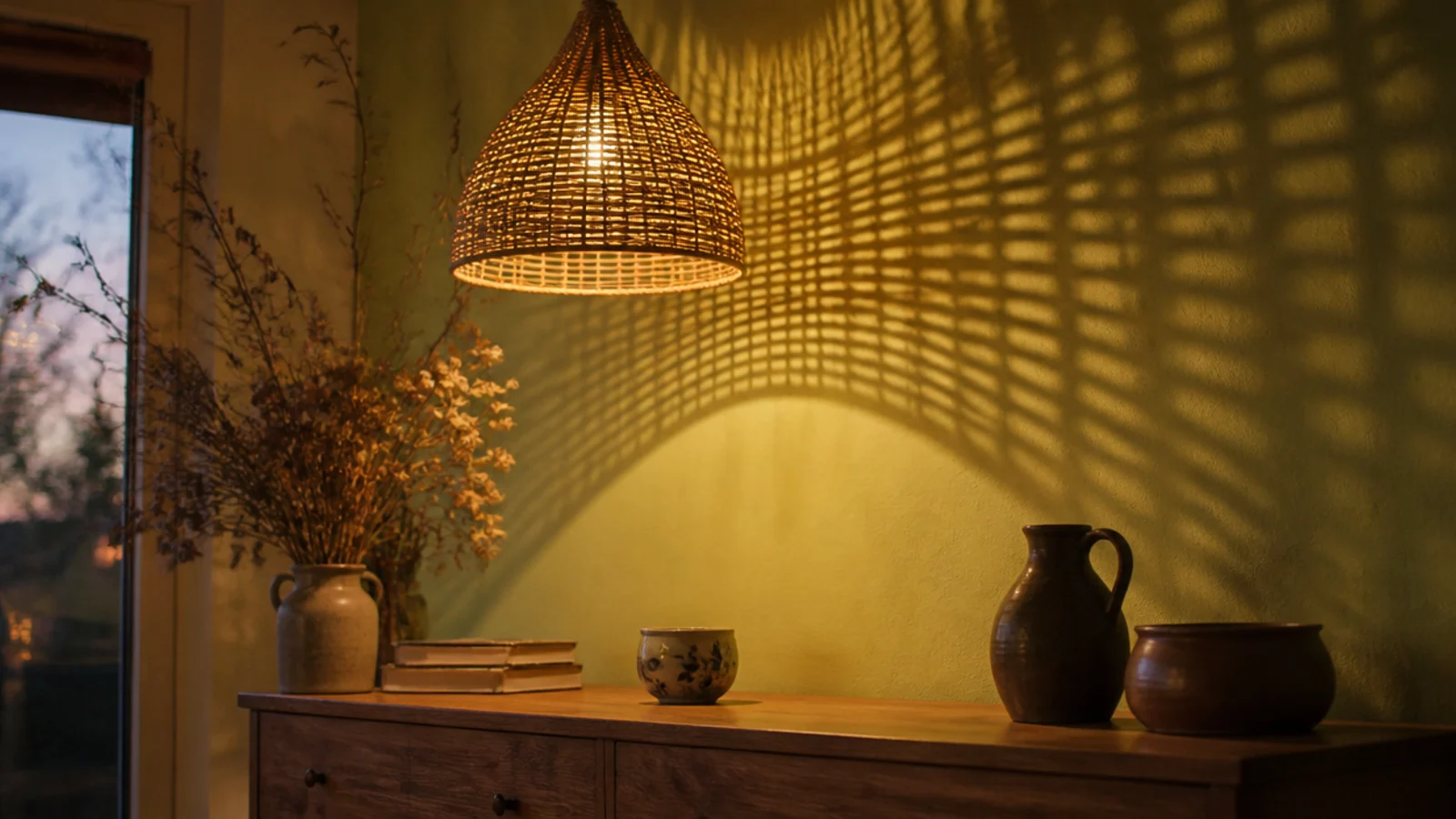 woven willow basket shade throwing basket shadow on a wall