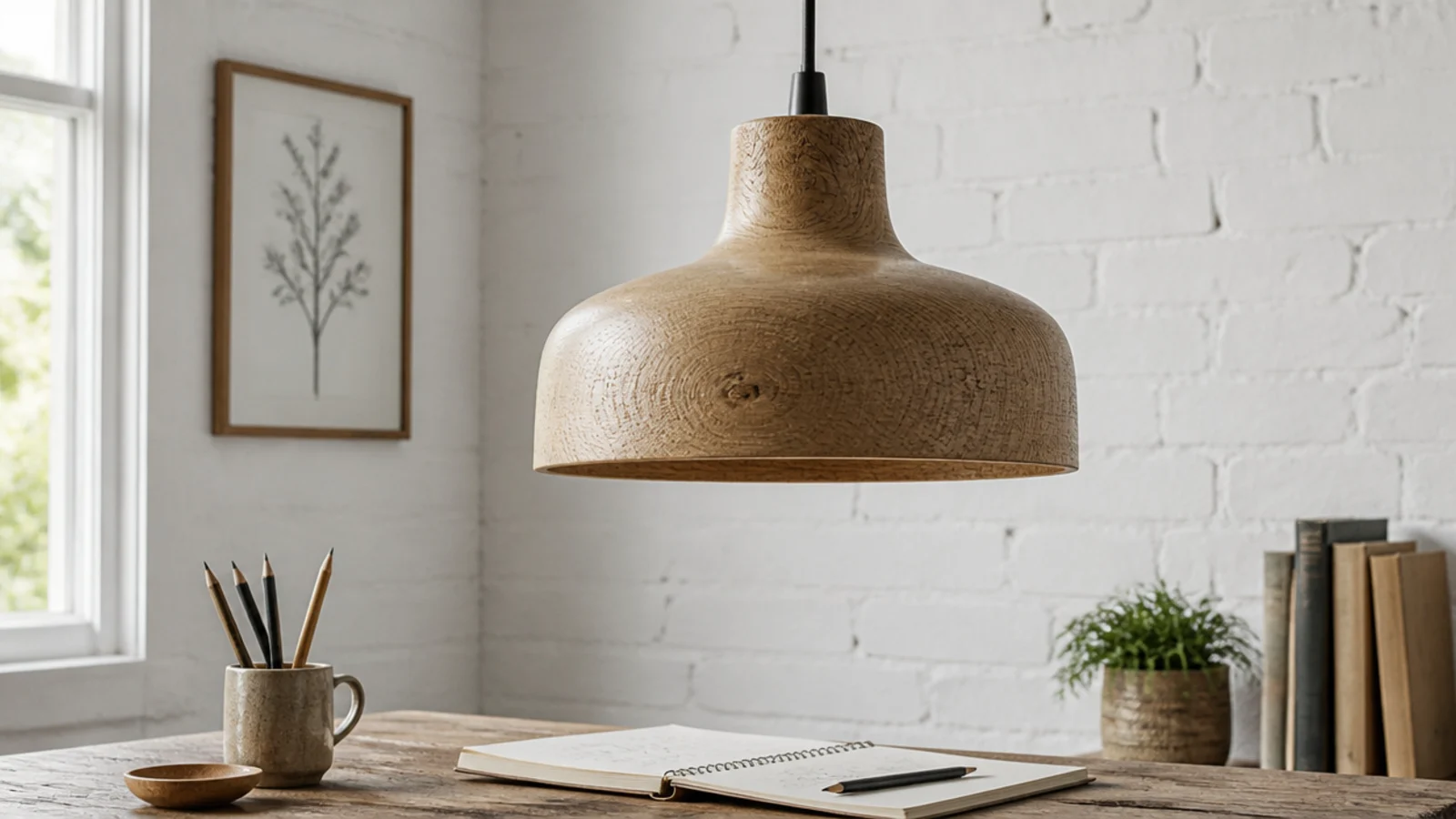 turned solid wood shade showing grain above a working table