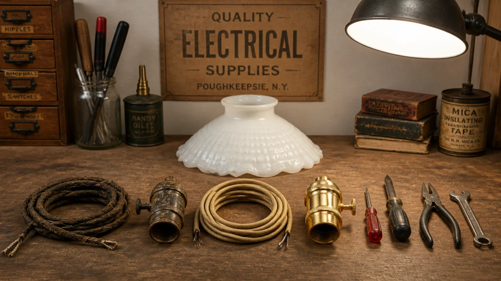 old lampholder and brittle flex replaced on a workbench
