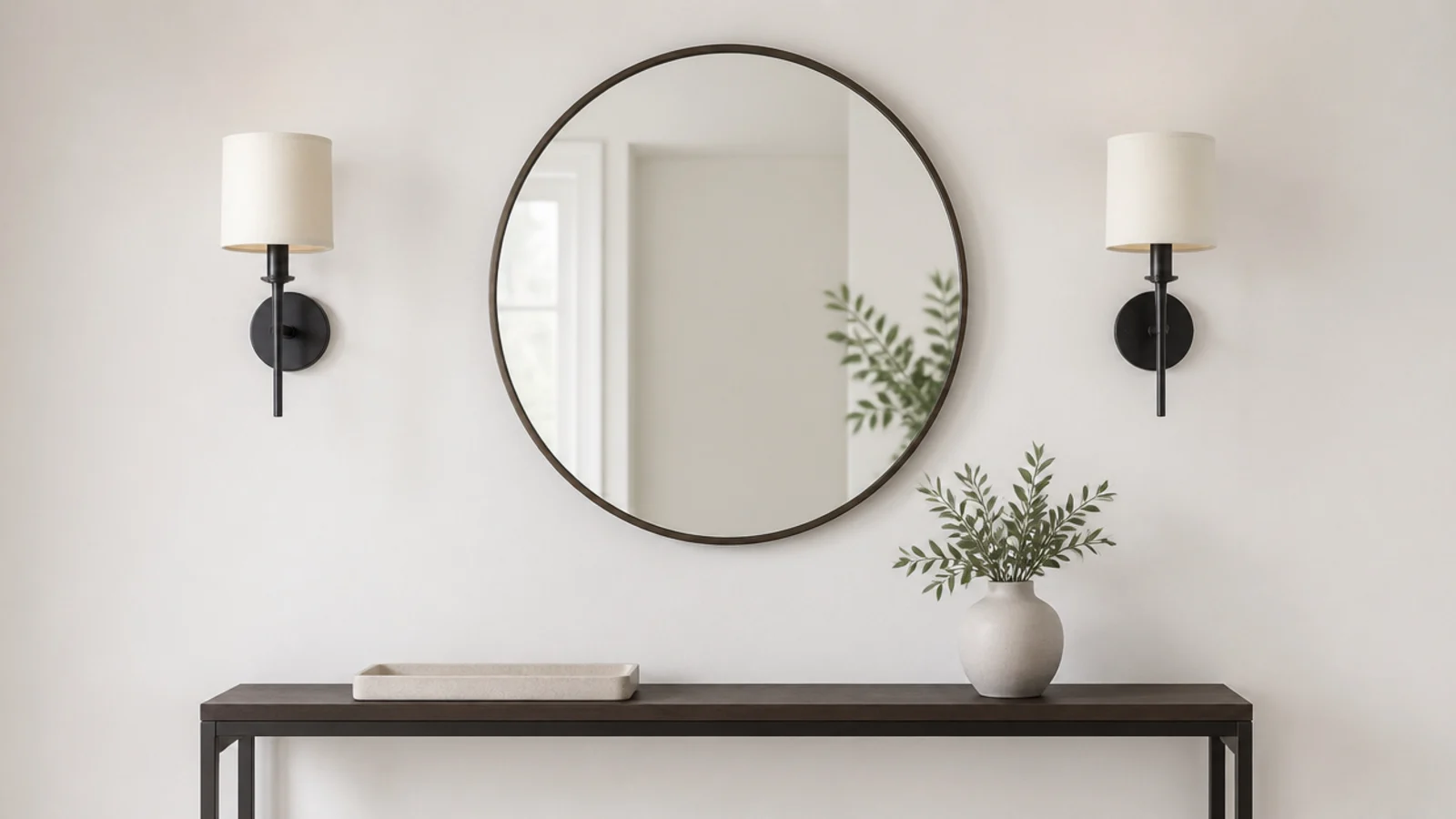 two wall lights flanking a mirror at matching eye level