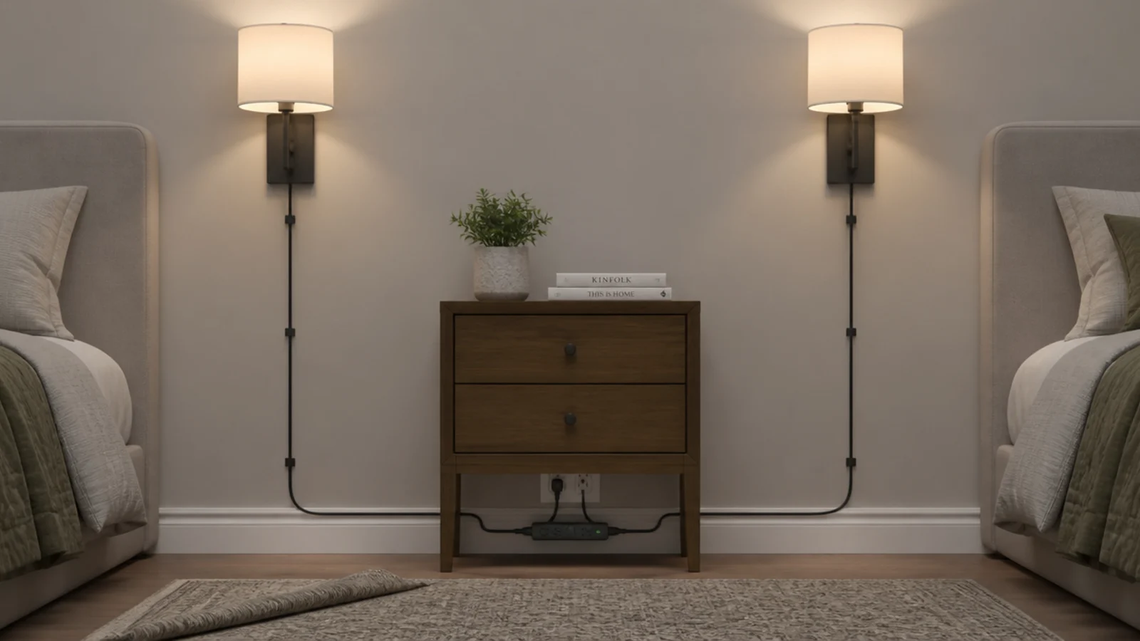 two plug in wall lights joined into a single wall socket