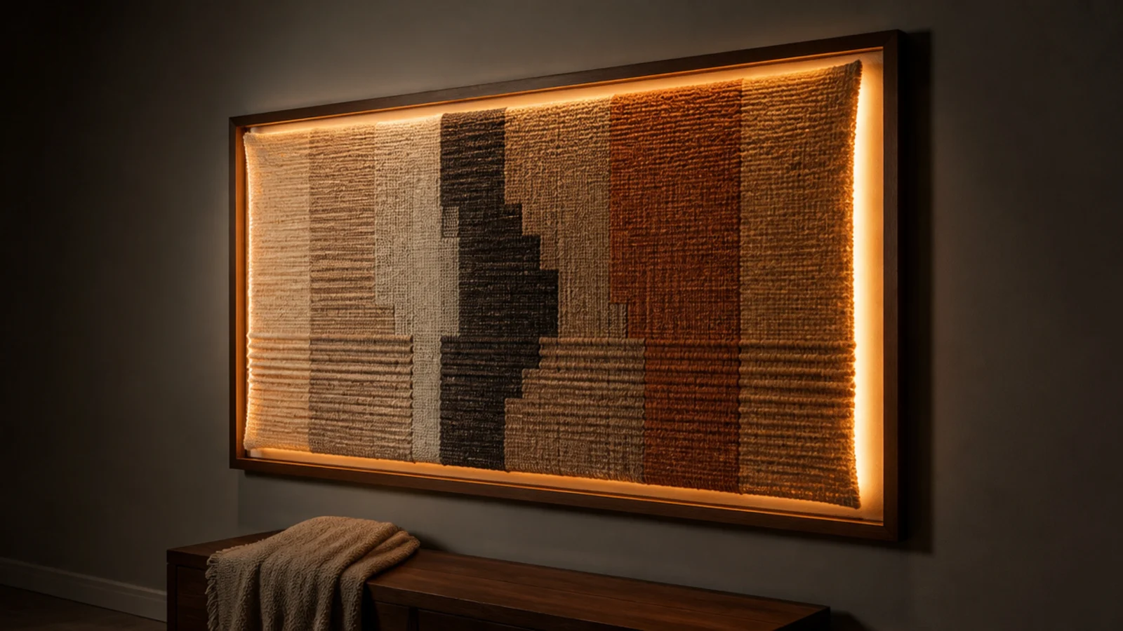 framed panel glowing softly against a plain rented wall