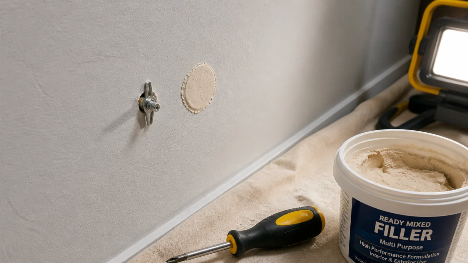 small toggle anchor beside a coin sized wall repair patch
