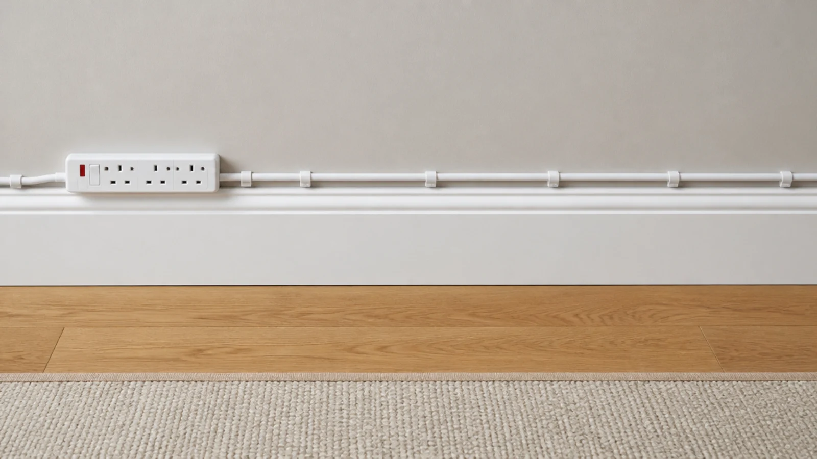 extension lead running neatly along a skirting board edge