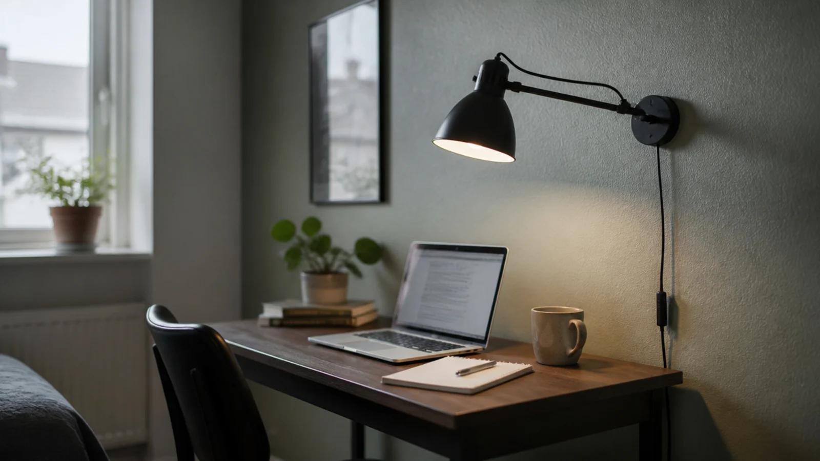 adjustable wall lamp aimed down at a rented room desk