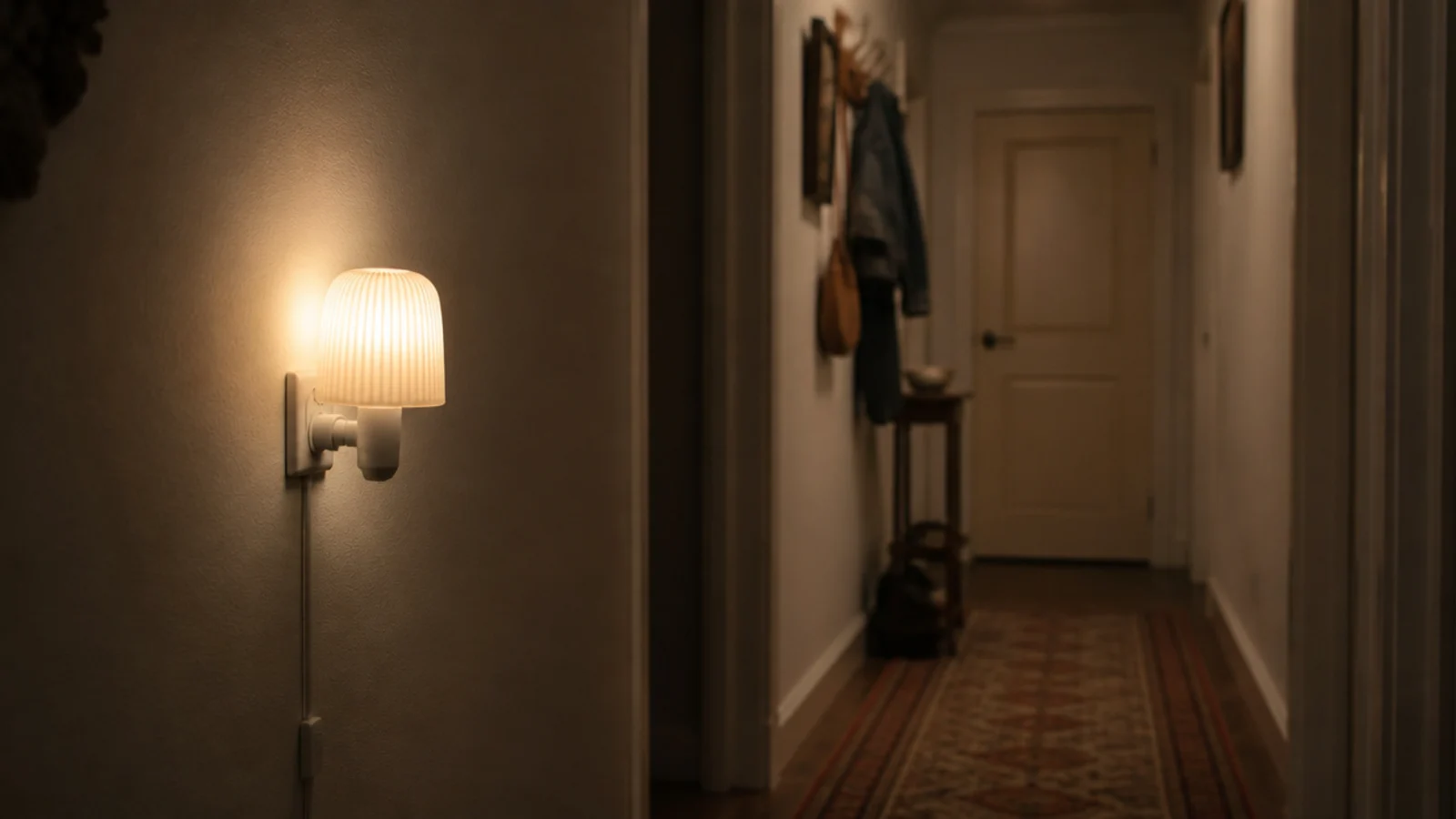 plug in wall light brightening a dim rented hallway run