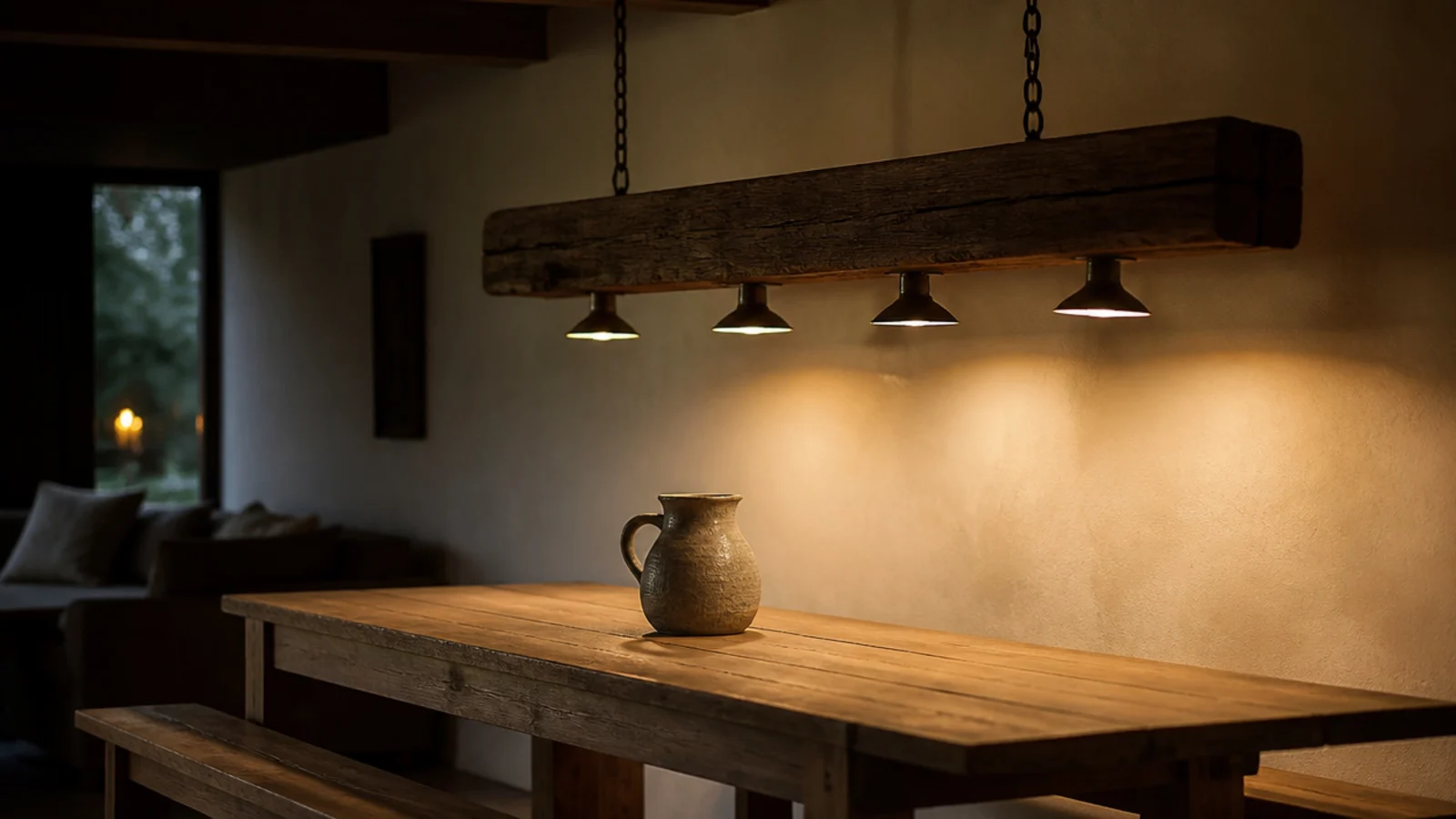 reclaimed timber beam fixture carrying four lamps above a table