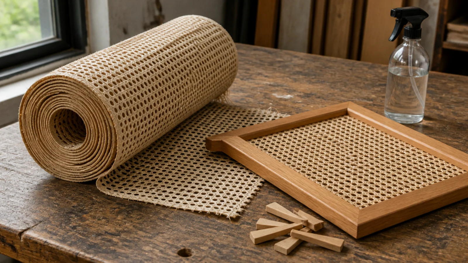 roll of pre-woven cane webbing beside a slim oak headboard frame