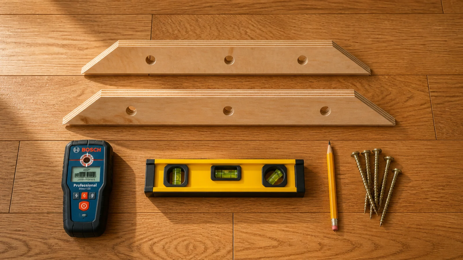 french cleat pair and structural screws laid out for headboard mounting