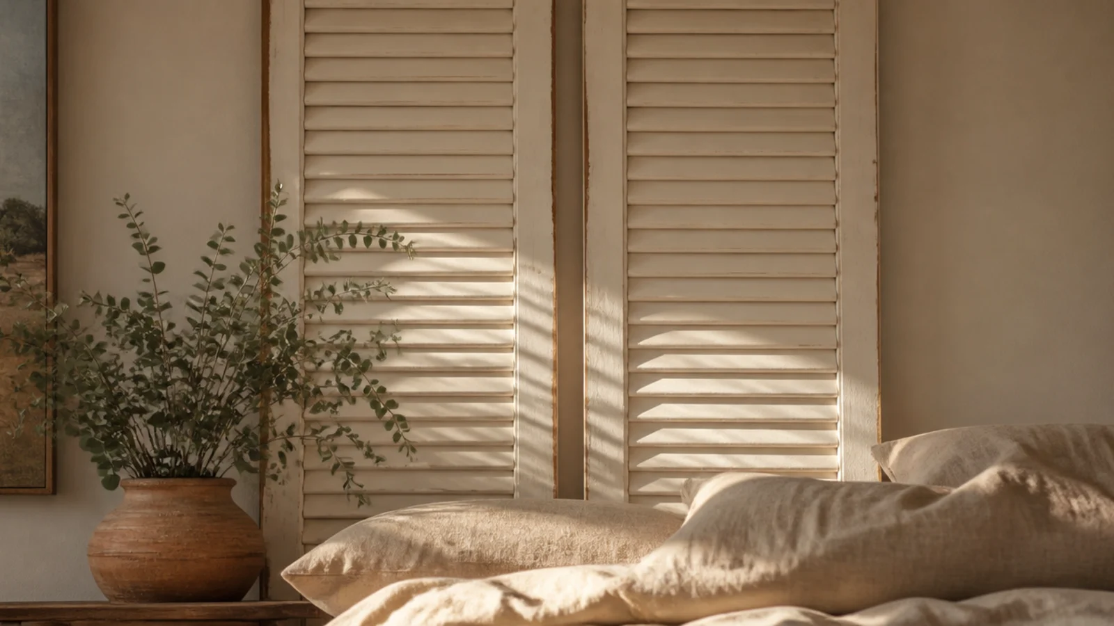 pair of thrifted louvered shutters standing behind a low linen bed