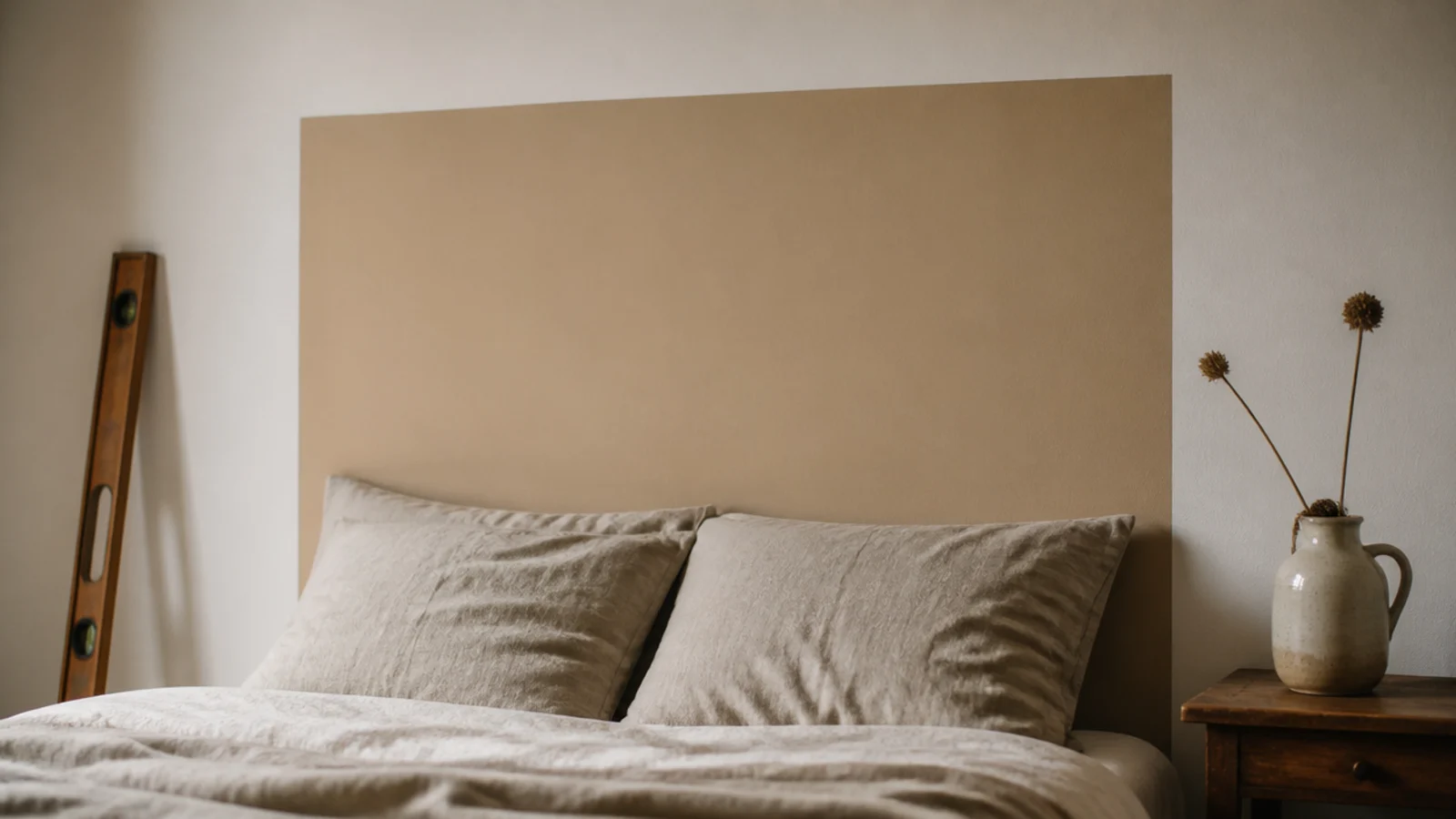 warm sand painted rectangle behind a bed with crisp level painted edges