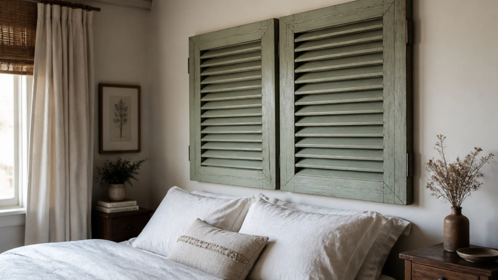 pair of salvaged louvered shutters mounted together as a cheap headboard