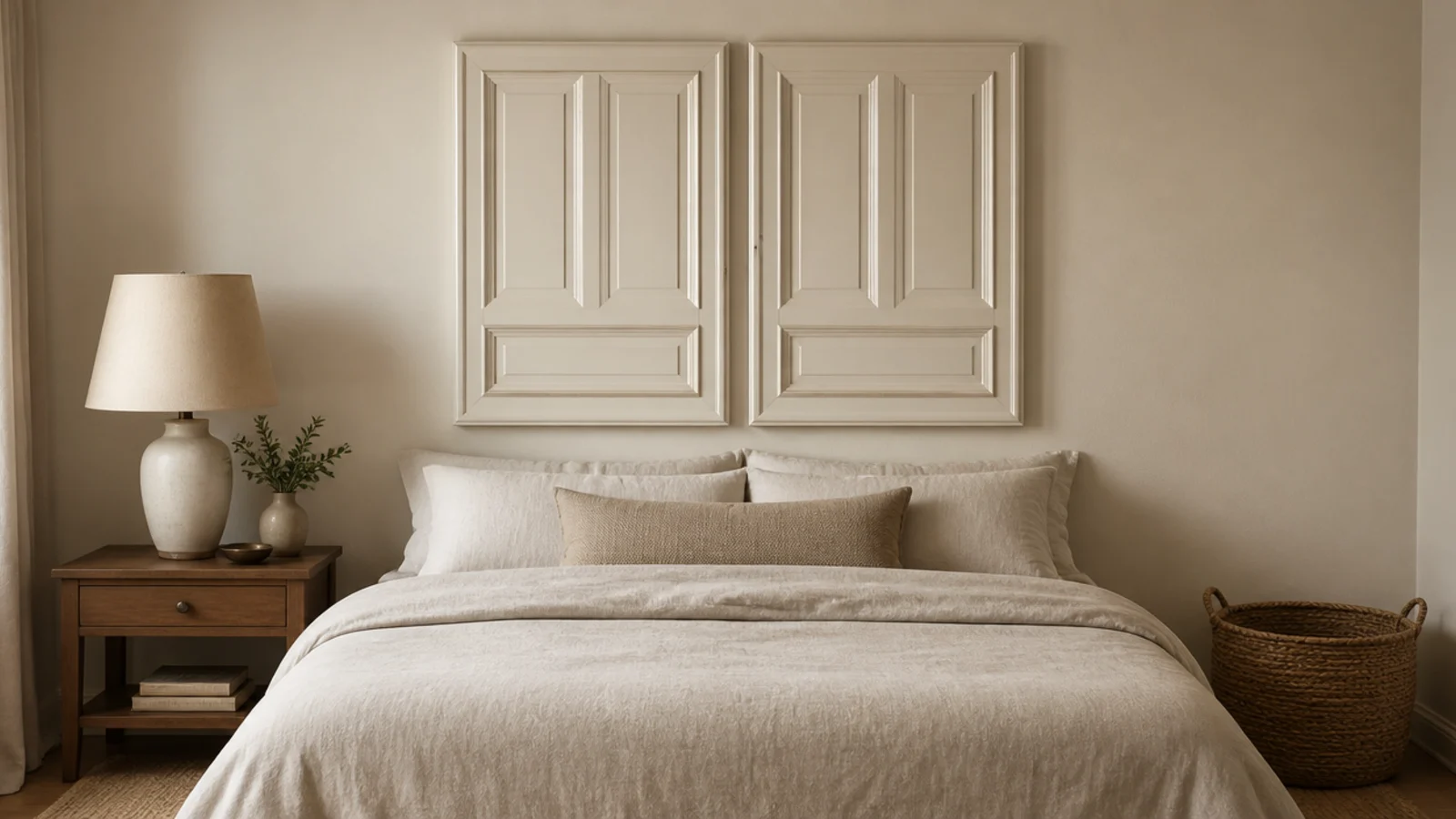 pair of thrifted panelled cabinet doors mounted as a small budget headboard