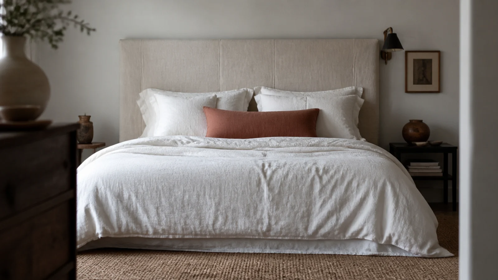 canvas drop cloth stretched over a padded plywood headboard panel