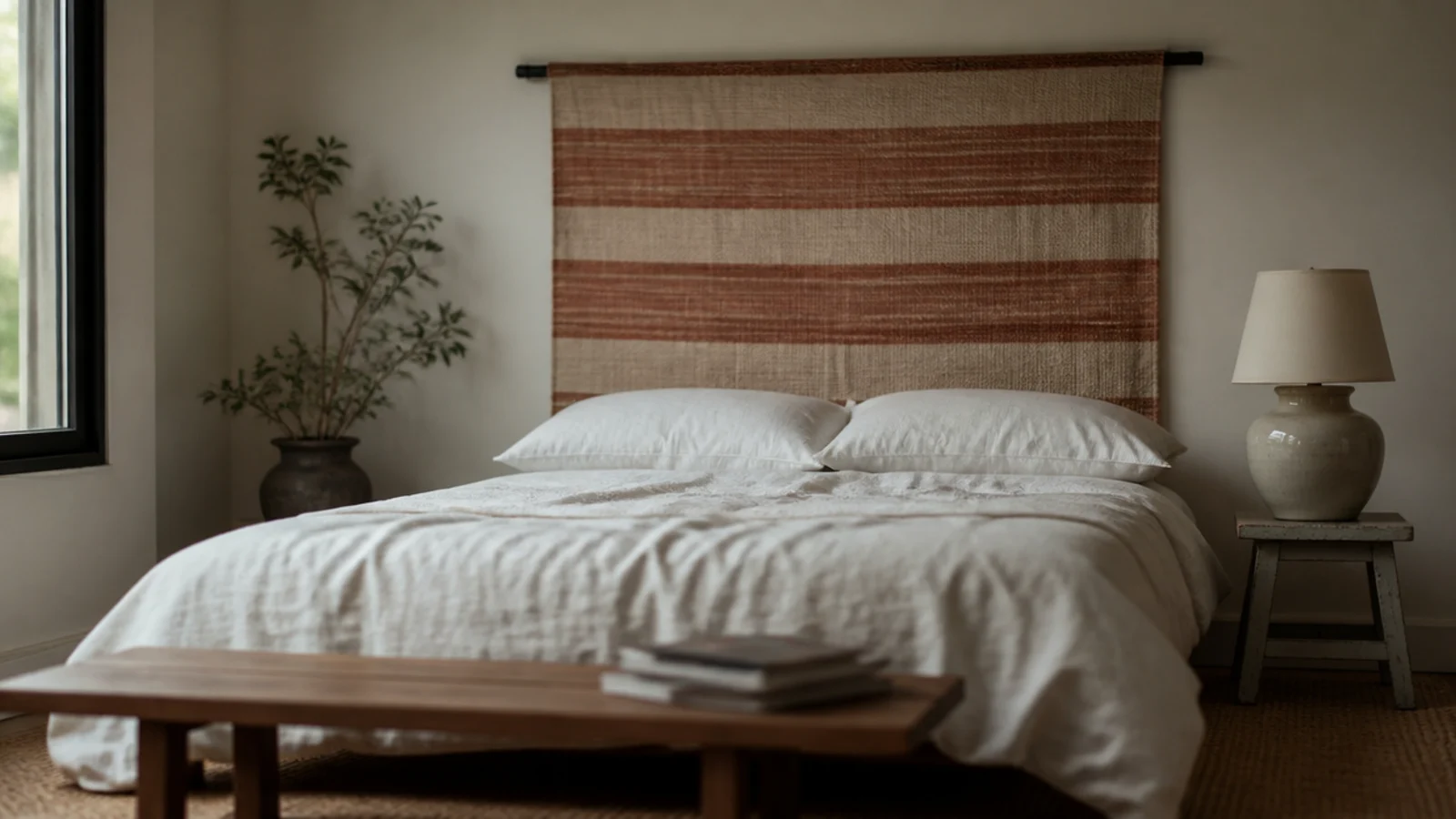 striped flat weave rug hung from a slim rod above a budget bedroom bed