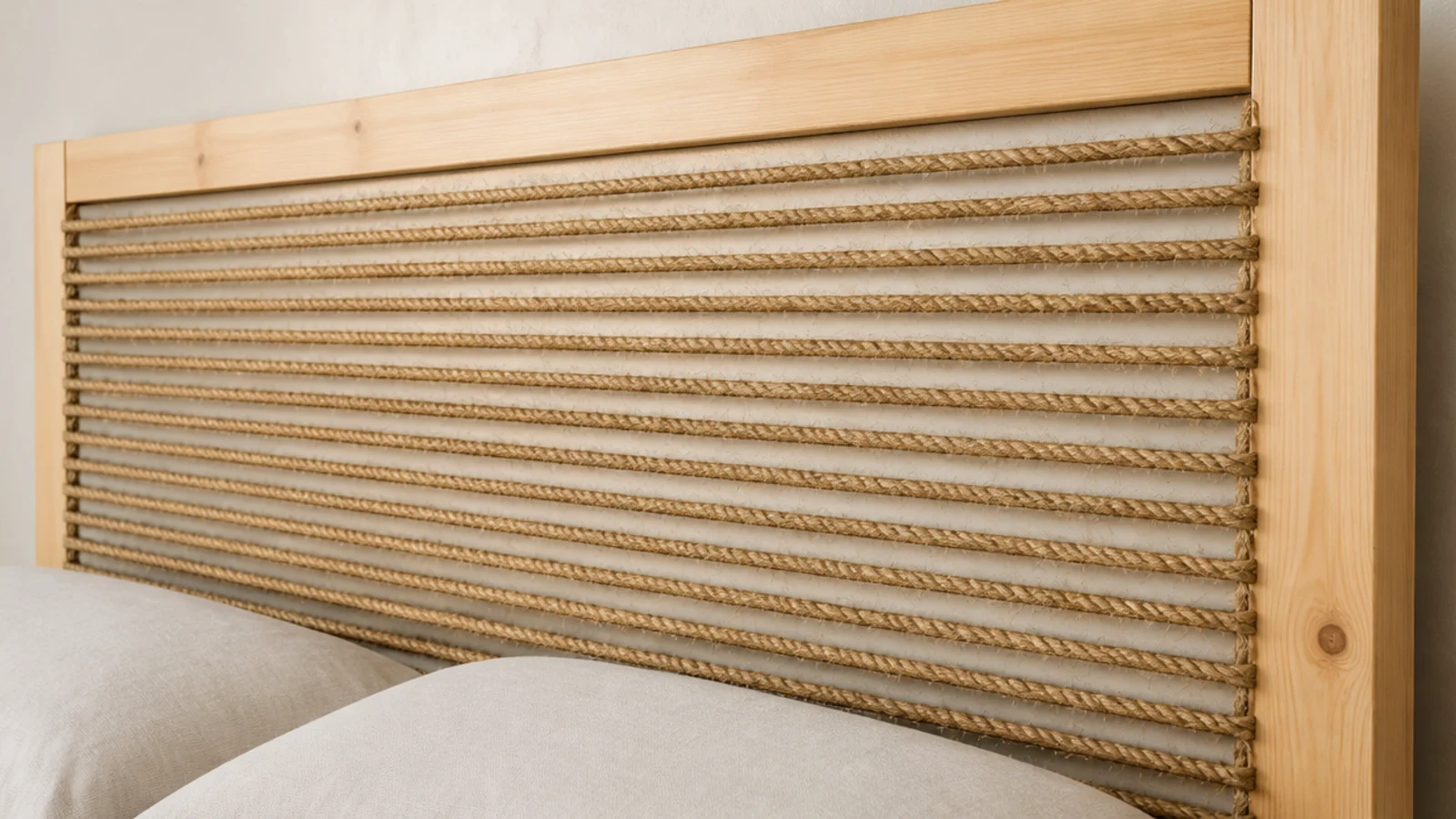 jute rope laced in rows across a plain pine frame above a bed
