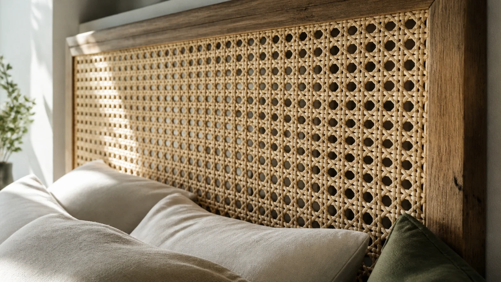 cane webbing stretched across a thrifted timber frame as a headboard