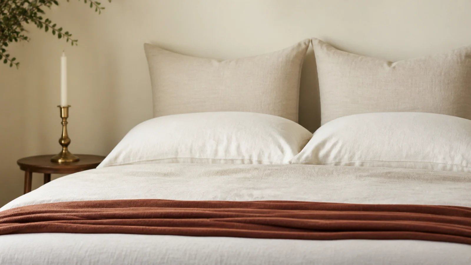 two large euro shams standing against a wall behind a neatly made bed