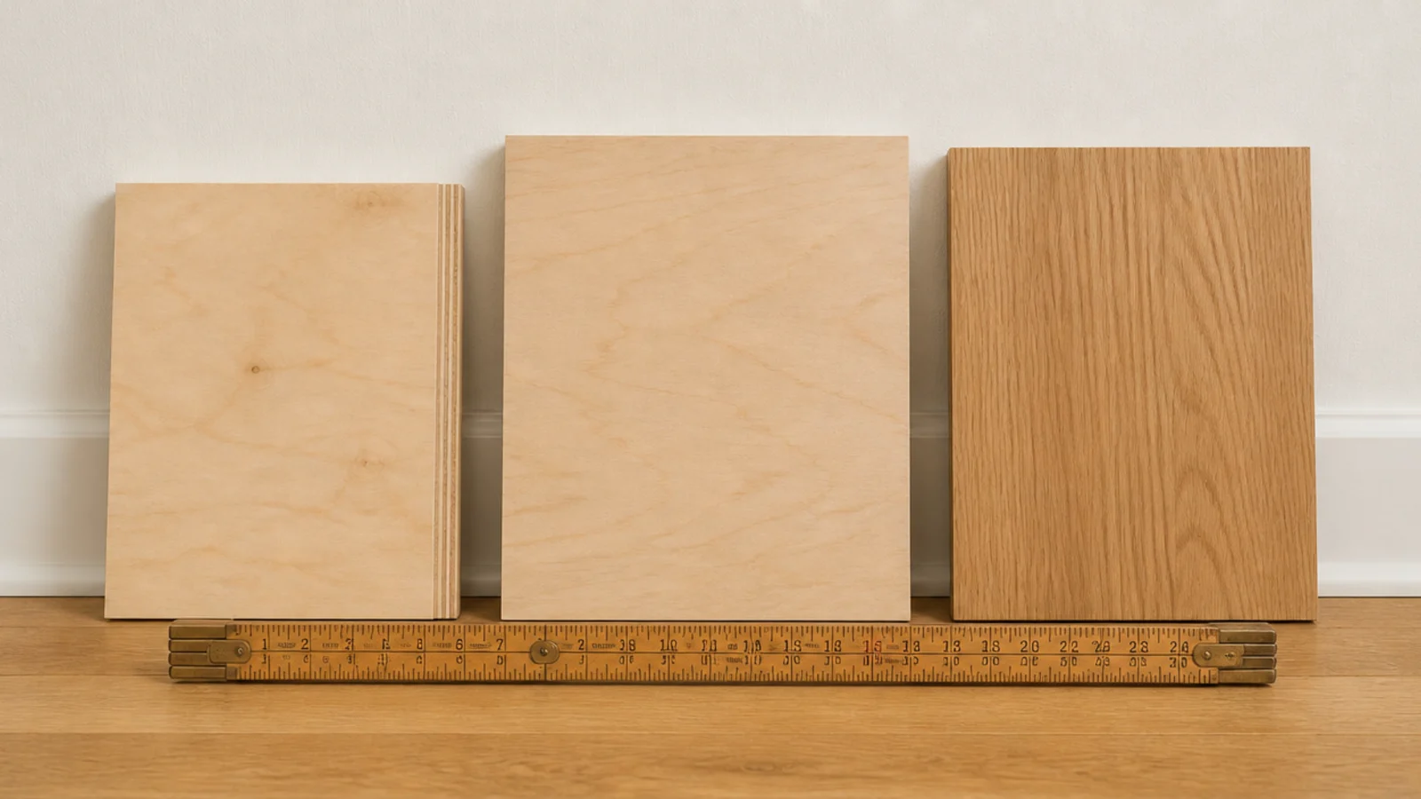plywood and solid oak offcuts compared side by side for a wood headboard