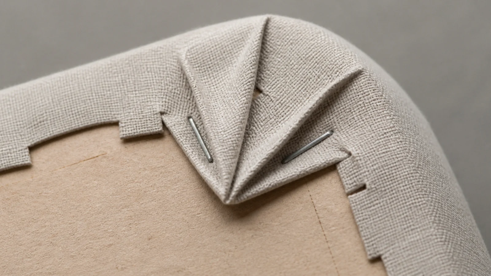 neatly folded fabric corner pleat on the back of a diy headboard panel