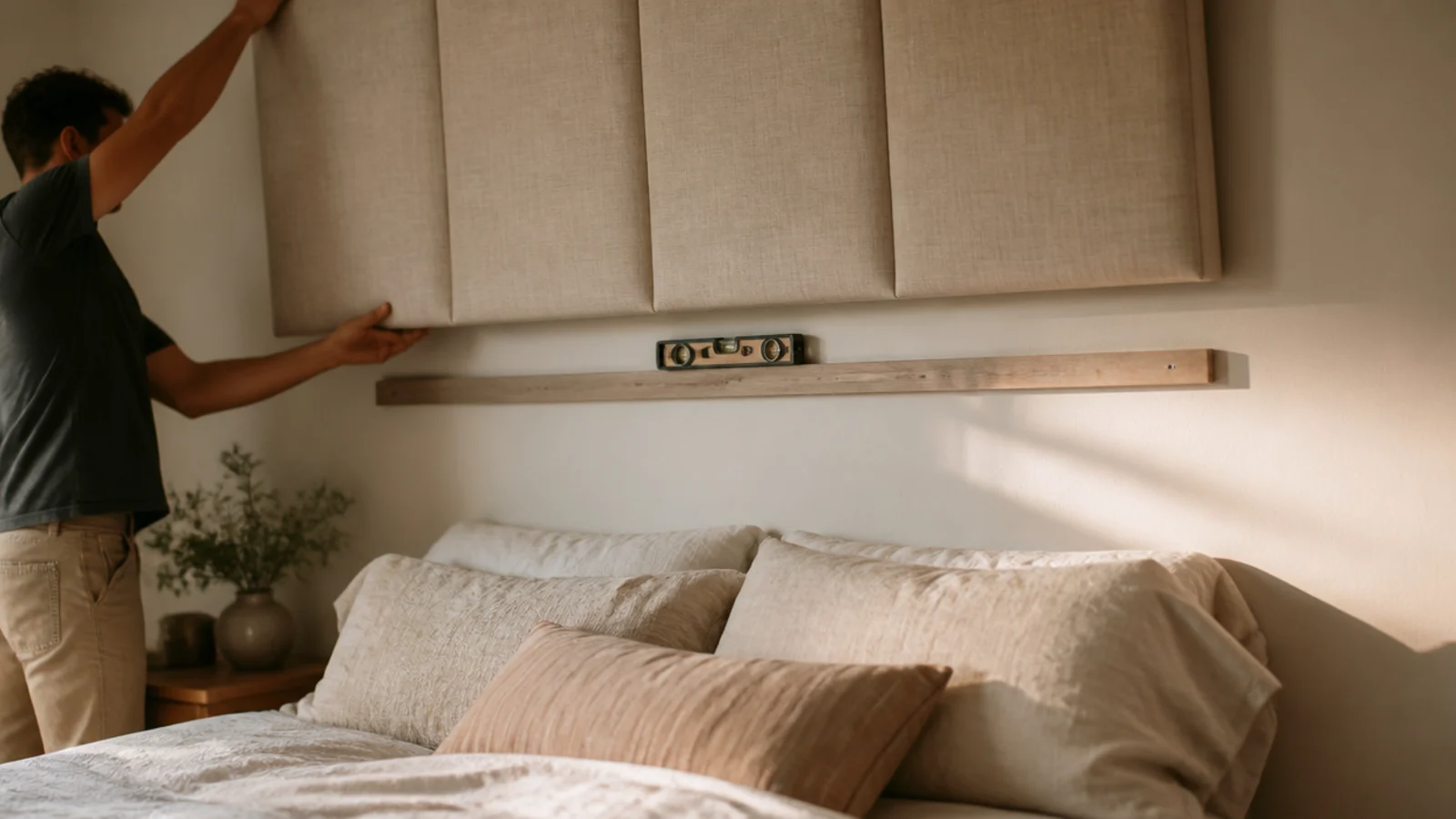 upholstered headboard lowered onto a wall cleat above a linen dressed bed